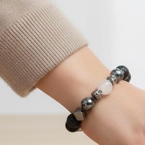 Lava Rock Black and Silver Beaded Bracelet